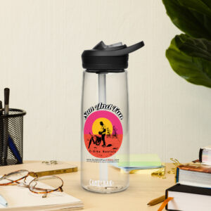 sun and fun logo embedded sports water bottle for e bike riders on study table